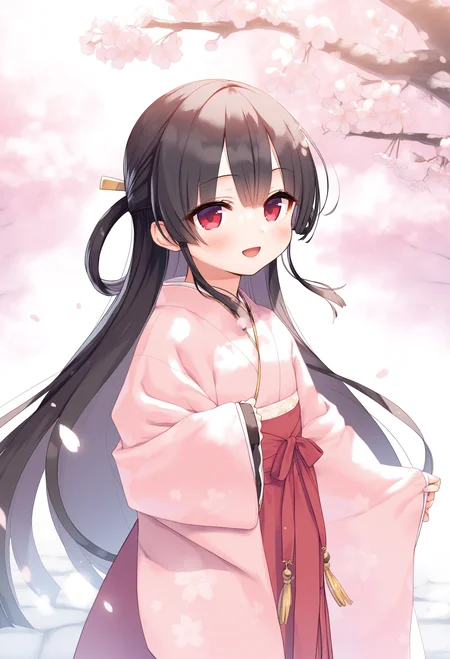 hachiroku \(maitetsu\),
cura, omochi_monaka, (artist:kedama milk:0.8),artist:ciloranko,artist:ke-ta, (artist:nekoda:0.8),
black hair,hair rings,very long hair,
smile,open mouth, looking at viewer, 
pink kimono, 
outdoors, cherry blossoms, 
standing, cowboy shot, 
best quality, masterpiece,
  <lora:hachiroku_noob_v1-000006:1>