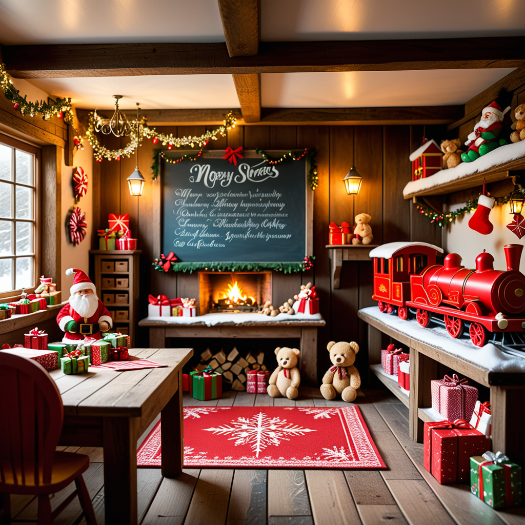 A warm, inviting photograph of Santa Claus's workshop, completely empty yet brimming with festive energy. The room is illuminated by soft golden light from lanterns hanging from wooden beams and a crackling fireplace in the corner. Wooden tables are scattered with tools, paints, and half-assembled toys, including a bright red train, a teddy bear, and colorful wooden blocks. Shelves along the walls overflow with vibrant gift boxes, plush toys, and neatly stacked wrapping paper rolls. The floor is dusted with wood shavings and glitter, adding a sense of activity left behind. Snow-covered windows reveal a faint winter landscape outside, with icicles hanging from the edges. A large chalkboard on one wall lists "Nice & Naughty" names in festive handwriting. The air feels magical, as though the elves just stepped out for a break, leaving the workshop frozen in a perfect holiday moment.<lora:SDXLFaeTastic2400:0.4> <lora:extremely_detailed:0.4> extremely detailed,, Masterpiece,best quality,hi res,8k,hi res,8k,award winning,(sharp focus, intricate, highly detailed),