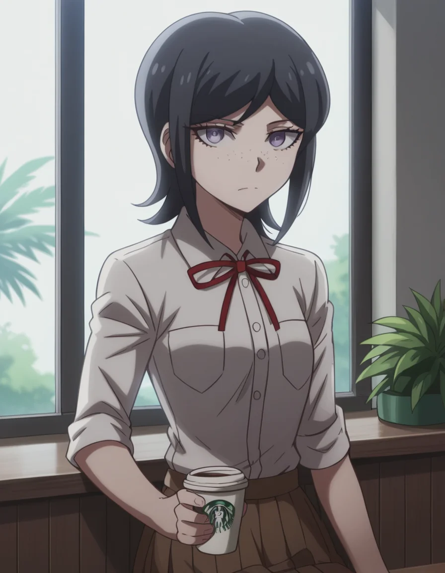 score_9, score_8_up, score_7_up, source_anime, <lora:mukuro-ikusaba-s2-ponyxl-lora-nochekaiser:1>, mukuro ikusaba, short hair, bangs, black hair, freckles, purple eyes,, skirt, shirt, ribbon, school uniform, white shirt, pleated skirt, collared shirt, red ribbon, neck ribbon, grey shirt, sleeves rolled up, brown skirt,, cafe, coffee cup, barista, sitting down, talking, relaxing, sunlight through window, , looking at viewer, hand palm facing down, solo,, cowboy shot, dutch angle