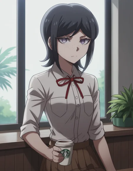 score_9, score_8_up, score_7_up, source_anime, <lora:mukuro-ikusaba-s2-ponyxl-lora-nochekaiser:1>, mukuro ikusaba, short hair, bangs, black hair, freckles, purple eyes,, skirt, shirt, ribbon, school uniform, white shirt, pleated skirt, collared shirt, red ribbon, neck ribbon, grey shirt, sleeves rolled up, brown skirt,, cafe, coffee cup, barista, sitting down, talking, relaxing, sunlight through window, , looking at viewer, hand palm facing down, solo,, cowboy shot, dutch angle