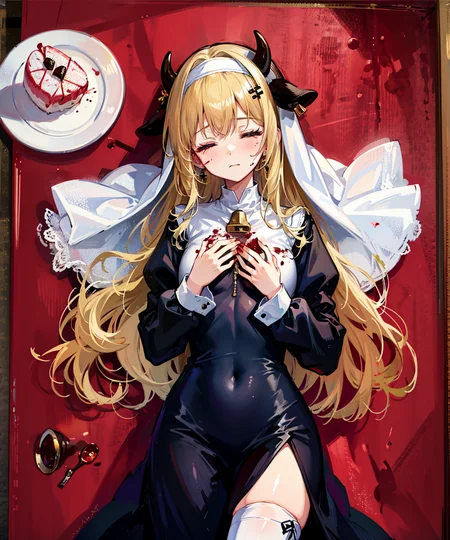 <lora:lightAndShadow_v10:0.6>,1girl,cow horns, veil,nun,cross earrings, cowbell, on_back,on table, food,white legwear, plate,cake,lying, long hair, nun,hand on own chest, blood on clothes, blood,closed eyes, <lora:GirlFeastV1:0.5>