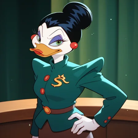 score_9, score_8_up, score_7_up, 1girl, solo, mvdt2, duck, beak, furry, skirt, green jacket, furry female, green eyes, hand on hip, jewelry, makeup, hair bun, black hair, upper body, looking at viewer, <lora:mvdt2:1>,