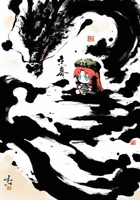 masterpiece,best quality,<lora:yi-noob:1>,ink wash painting,
1girl,solo,fumo \(doll\),full body,sitting,dragon,chibi,hong meiling,hat,
