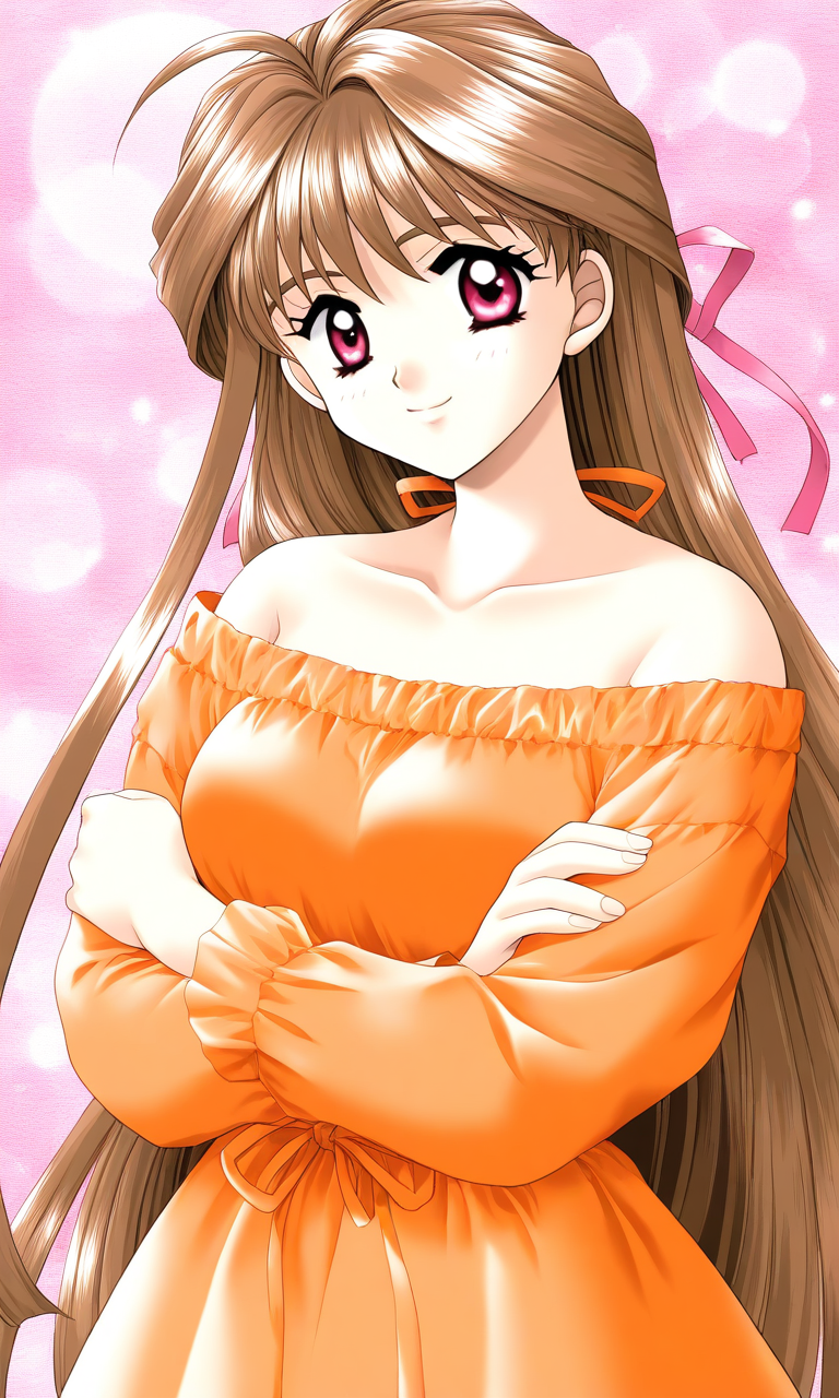 general,highres, ultra-detailed,very aesthetic,best quality ,best hands, BREAK <lora:Minamizato_Ai_kakyuusei_Ver2.0_IS:1> Minamizato_Ai(kakyuusei), 
1girl, solo, brown hair, long hair, bangs, pink eyes,  breasts, hair ribbon, pink ribbon, breasts, crossed arms,
1girl, solo, long hair, brown hair, red eyes, transparent background, smile, looking at viewer, long sleeves, hair ribbon, collarbone, upper body, dress, ribbon, bare shoulders, very long hair, orange dress, bangs,