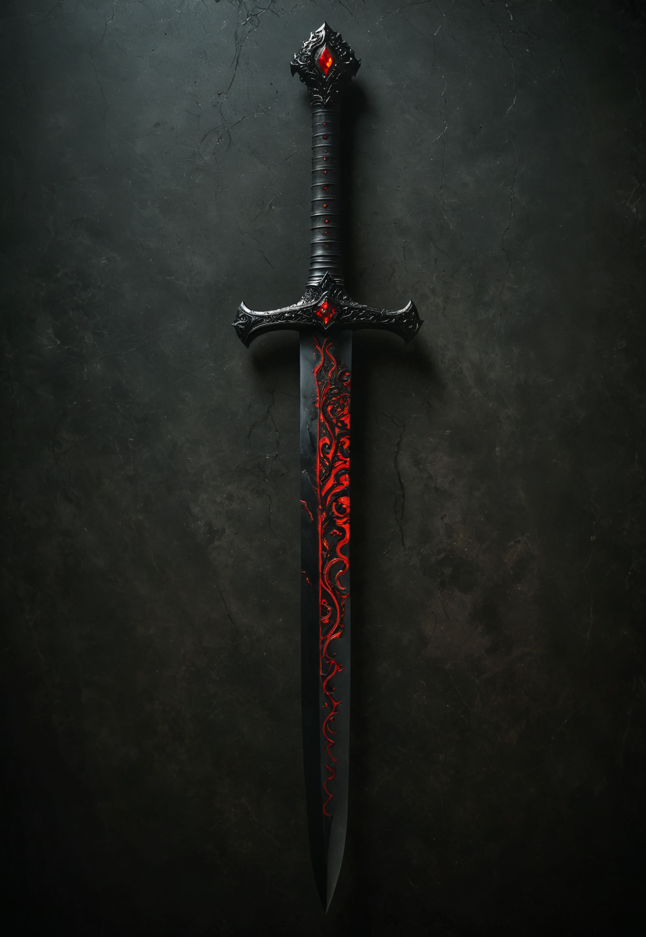 A stunningly realistic and brutal photo of a demonic dagger, featuring a long, sleek black metal blade that reflects light. The double-edged, full tang blade is sharp and deadly. The handle, made of black material, showcases intricate demonic patterns and stripes. A ruby adorns the center, adding a pop of red to the sinister design. The dagger is depicted alone, with no humans or other objects in the image, allowing the viewer to fully appreciate its menacing beauty., photo, product