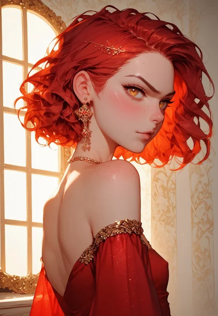 score_9, score_8_up, score_7_up, score_6_up, score_5_up, score_4_up, Expressiveh, g0th1c, human female, short, small, petite body, slender, small perky breasts, aesthetic face, shoulder length red hair, glowing amber eyes, round eyes, very small nose, big ears, small lips, small mouth, small head, freckles, round ears, ashen skin, cheeky smile, dedicated face, enthusiastic face, lopsided smile, beautiful, very revealing red dress, silk dress, deep cleavage, sitting on gold divan, background is luxurious brothel room, decorated background, artistic brackground, background dominant colour is red, white and gold, decorated window, alone, close up, from behind, looking back, cute angry