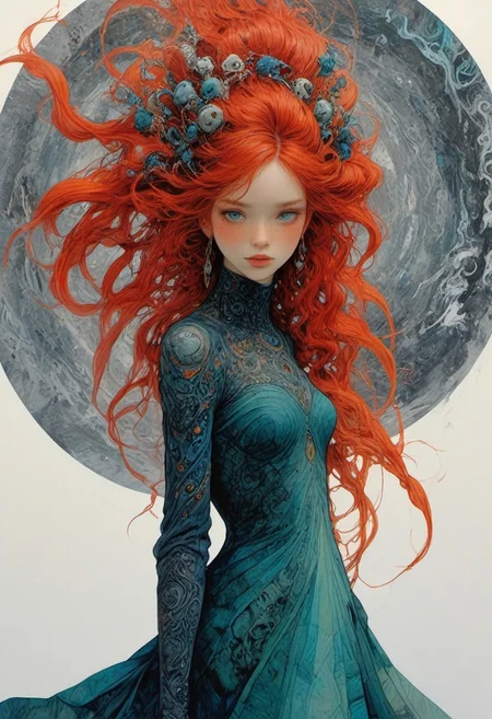 The composition includes This aspect that predominates in the work gives the idea of something casual, without necessarily having a purpose, video frames, female, red long dress, long red hair with glitter, fashion photography painting, in the style of teal and gold. in the background, tintricate stunning highly detailed, abstract, trippy, 60s style, op art, dark blues and blacks, patterns, hypnotic, art by careening into peace.