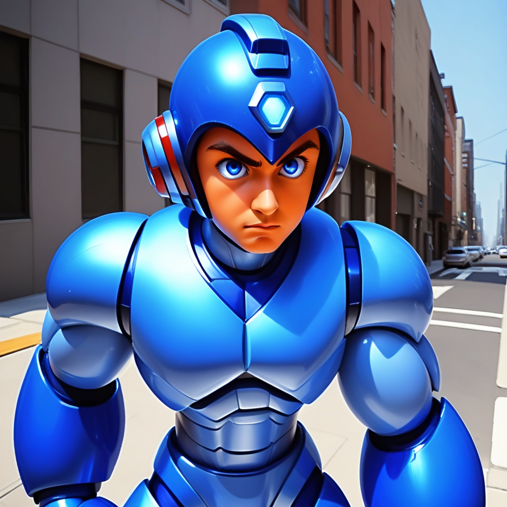 megaman, standing on a street, street level, blue robot, 3d++, smooth, high details, masterpiece, 4k, (handsome teen face), (realistic face:1.5), (high detailed face:1.5), (high detailed eyes:1.5), (serious), (focused)