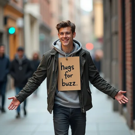 A realistic photo of a young man walking towards the viewer, ready to give him a hug. His arms are open to embrace. He has a piece of cardboard hanging around his neck that says "hugs for buzz". Urban setting