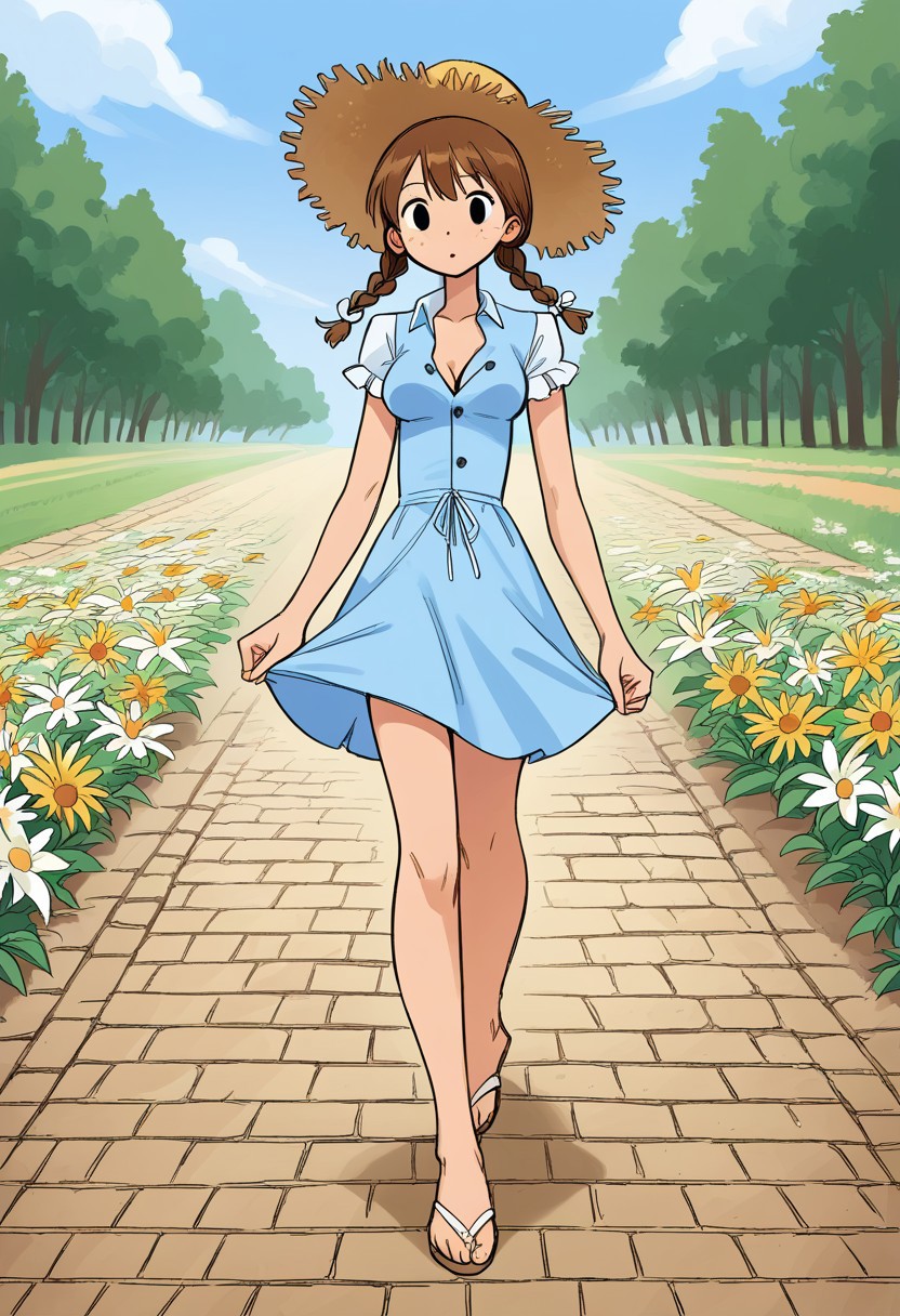 score_9, score_8, score_7, score_6, source_comic, Boli style,
 1girl, 19yo, Dorothy  petite body, short stature, perky breasts,  unbuttoned dress,  freckles, brown hair, two braids, straw hat,  ,
backround; yellow brick road, flower field, sunny day
