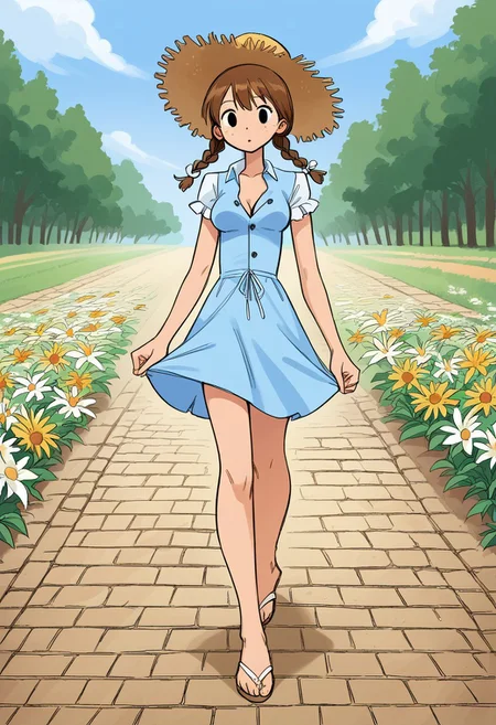 score_9, score_8, score_7, score_6, source_comic, Boli style,
1girl, 19yo, Dorothy petite body, short stature, perky breasts, unbuttoned dress, freckles, brown hair, two braids, straw hat, ,
backround; yellow brick road, flower field, sunny day