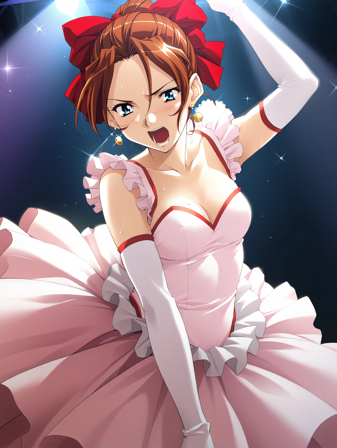 score_9, score_8_up, score_7_up, <lora:mikagura-v2-ponyxl:1>
takiko, earrings, red hair bow, pink dress, cleavage, elbow gloves, red trim, frilled straps
1girl, solo, dancing, stage, stage lights, sweat, open mouth