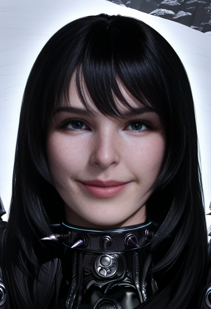 masterpiece, best quality, newest, absurdres, highres, photorealistic,
hailey, black thorn, 1girl, spikes, solo, black hair, realistic, blue eyes, long hair, looking at viewer, spiked collar, portrait, lips, bangs, collar, closed mouth, shoulder spikes, smile <lora:Hailey:1>