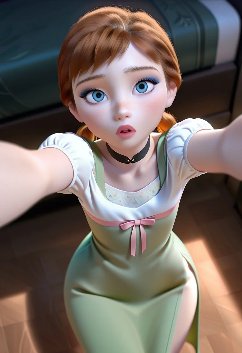 (masterpiece, high quality, realistic:1.4), best quality, expressive eyes, perfect face, anna_illus, 1girl, solo, long hair, auburn hair, twintails, blue eyes, freckles, red lips, eyeshadow, choker, green dress, side slit, wide hips, blush, indoors, bedroom, blowing kiss, outstretched arms, hug, pov, from above, looking up at viewer