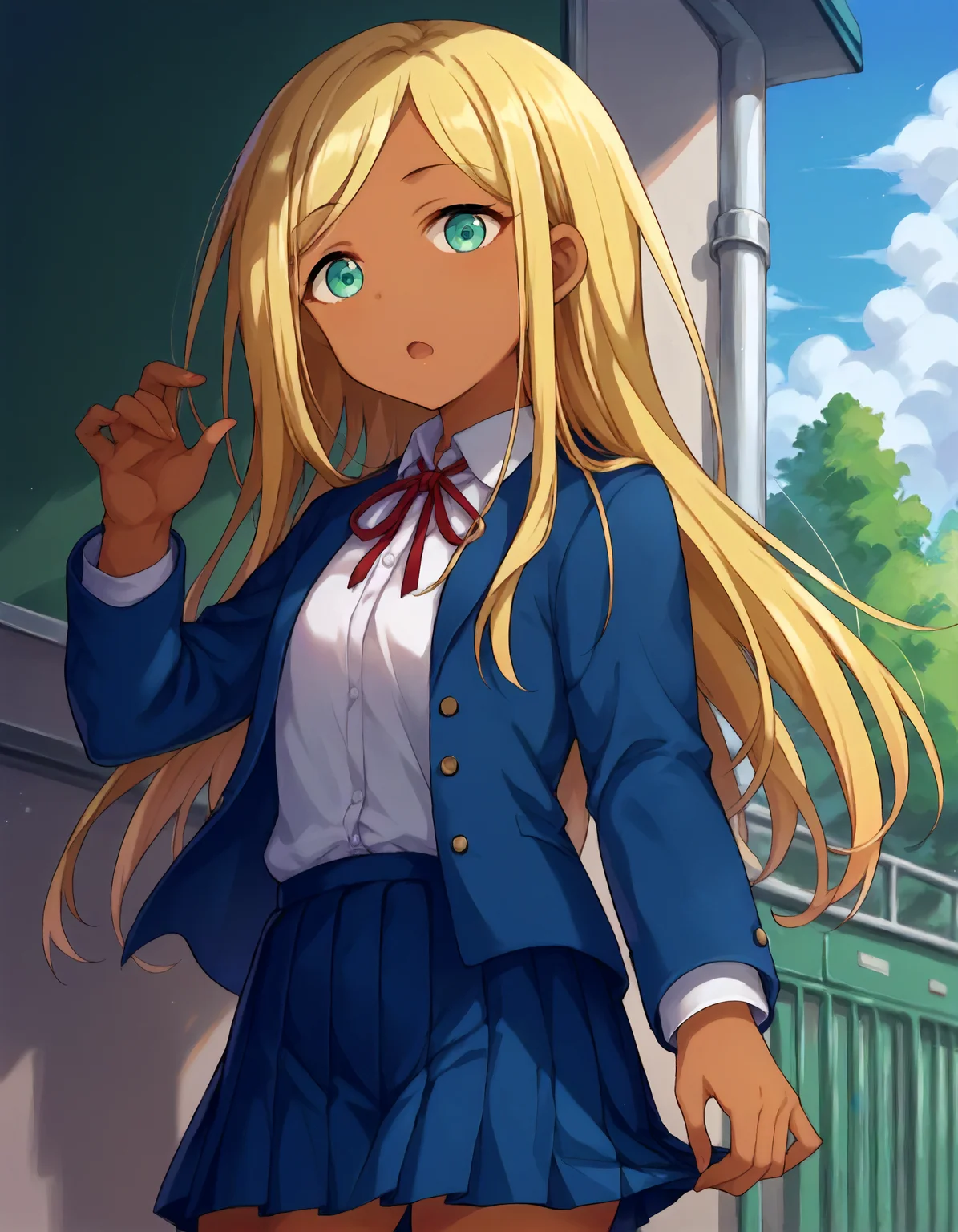 score_9,score_8_up,score_7_up,1girl,solo,cowboy shot,looking at viewer,:o,open mouth,outdoors,
<lora:cinderellagirlslayla_ponyXLV6:0.8>,cglayla,
blonde hair,long hair,aqya eyes,dark skin,
school uniform,white shirt,blue jacket,pleated skirt