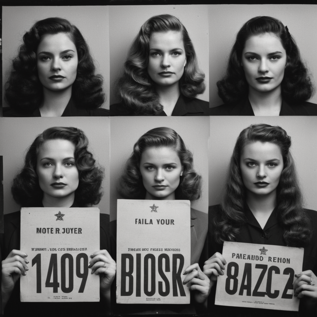 cinematic film still of  <lora:1940's style:1>
In the 1940's a series of mugshot photos of different criminal women holding a mugshot sign,long hair,multiple girls,1boy,monochrome,greyscale,3girls,english text,realistic  ,realistic,realism,perfection,perfect,filmic,retro,vintage,classic,different haircut,different look,different style,1940's style , 1940 style, shallow depth of field, vignette, highly detailed, high budget, bokeh, cinemascope, moody, epic, gorgeous, film grain, grainy
