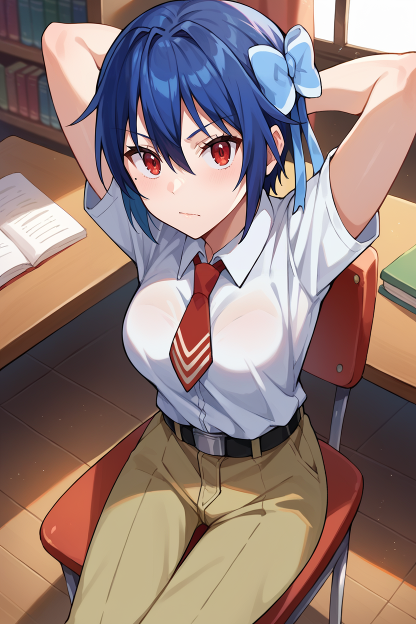 score_9, score_8_up, score_7_up, score_6_up, source_anime, 1girl BREAK <lora:tsugumi-pdxl-nvwls-v1-000006:1> tsugumi seishirou, mole under eye, blue hair, hair bow, white shirt, collared shirt, short sleeves, red necktie, belt, brown pants, medium breasts, arms behind head, from above, sitting, chair, desk, bookshelf, looking at you