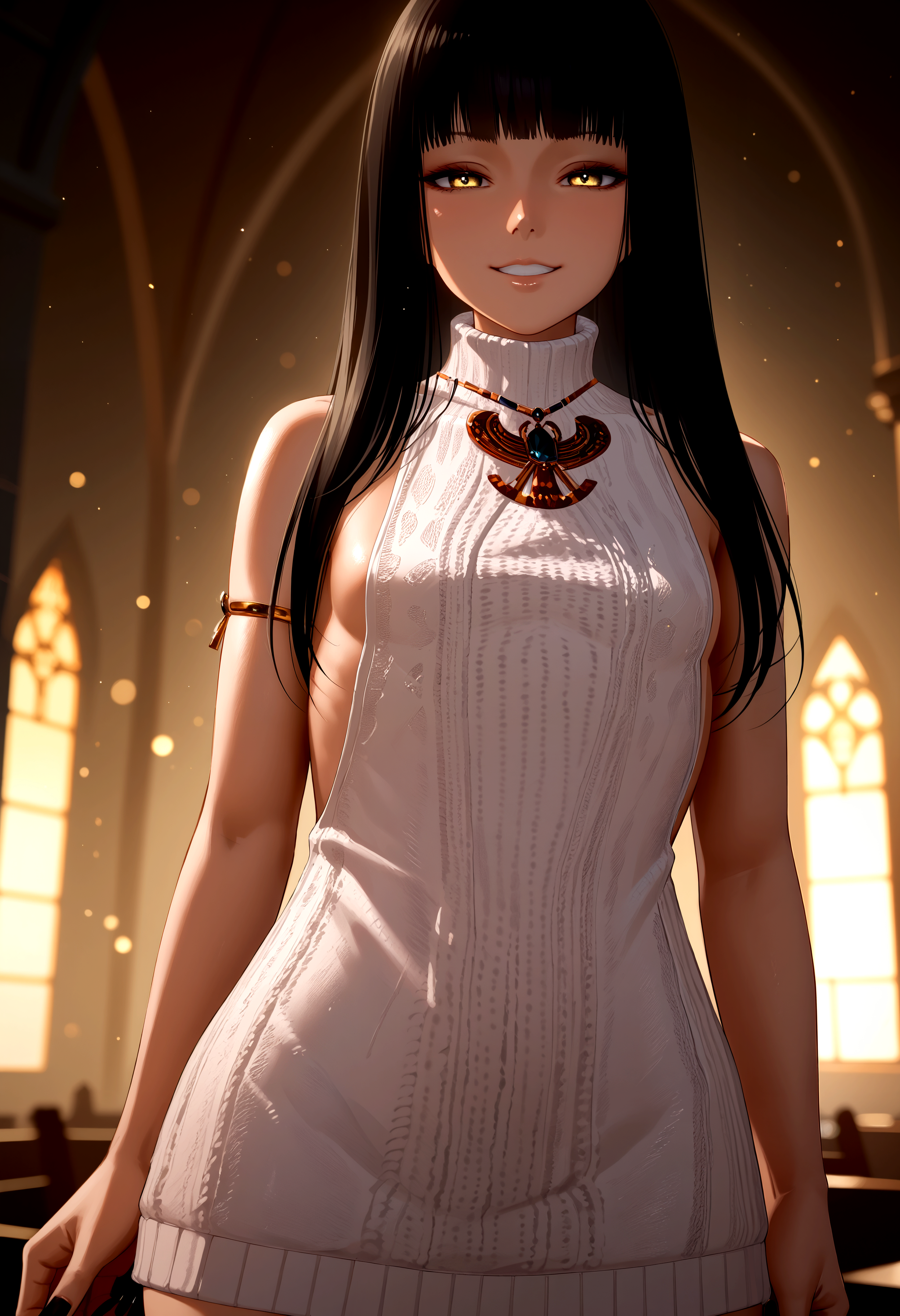 score_9, score_8_up, score_7_up, dramatic shadows, cinematic lighting, volumetric lighting, (light particles:1.3), backlighting, dappled light, light rays, from below, foreshortening, (close up:1.25), 1girl, dark-skinned female, yellow eyes, black hair, long hair, blunt bangs, hime cut, small breasts, short dress, dress, virgin killer sweater, turtleneck, bare shoulders, sleeveless, jewelry, armlet, necklace, black nail polish, long nails, flustered, confidence, smirk, smile, seductive eyes, seductive smile, in heat, half closed eyes, looking at viewer, inside, church, chapel, fog, smoke, (bokeh:1.3), photo background, beautiful scene, vibrant warm colors, golden hour, natural light, <lora:ponyxl\add-detail-xl:3> <lora:ponyxl\KMS_MM_Nefari:1>