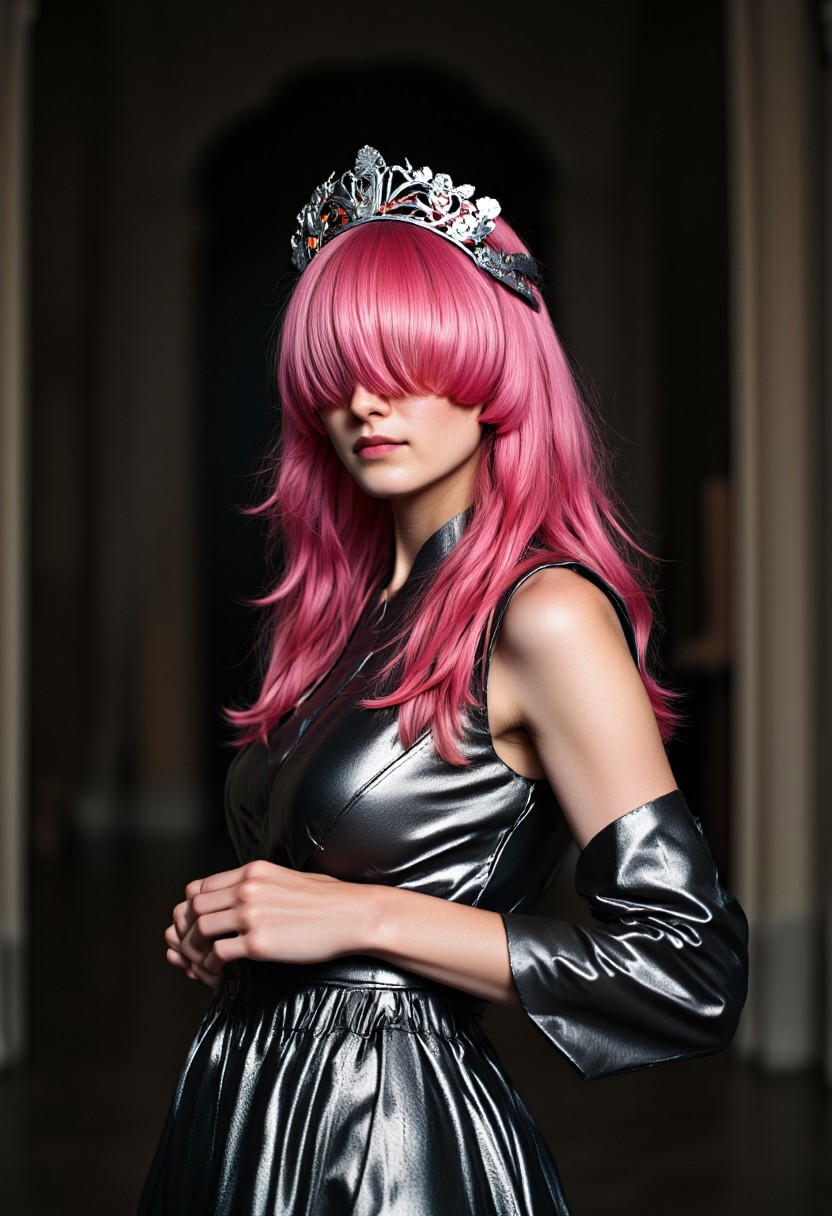 ajchrobo, a monochrome Upper Body Closeup Portrait of a Princess Woman in high glossy reflecting metallic japanese Maid inspired dress, bleaked neon colorful pink beige Hair shading the eyes, Hair over eyes, ajhafa, monochrome with Colorful Highlights, Standing infront an old DARK Gothic mansion