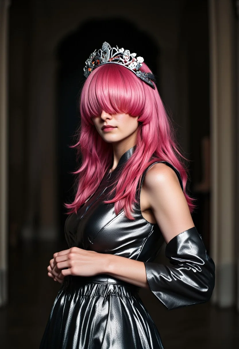 ajchrobo, a monochrome Upper Body Closeup Portrait of a Princess Woman in high glossy reflecting metallic japanese Maid inspired dress, bleaked neon colorful pink beige Hair shading the eyes, Hair over eyes, ajhafa, monochrome with Colorful Highlights, Standing infront an old DARK Gothic mansion