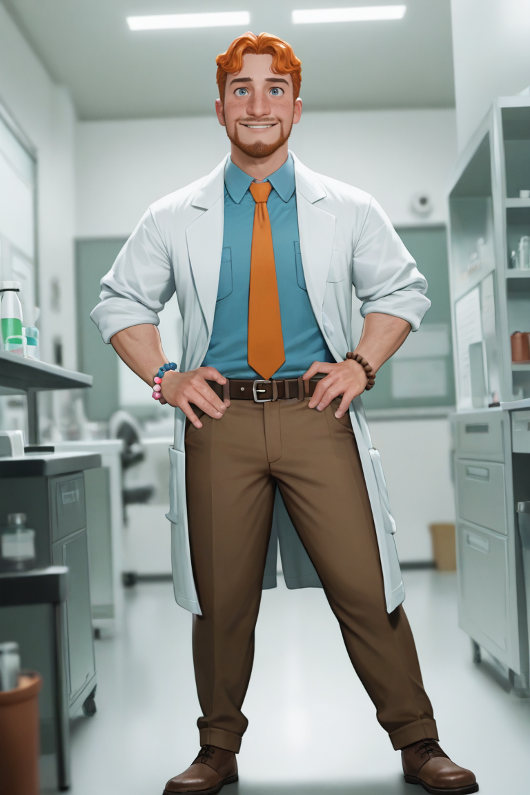 expressive manly face, shadow, dynamic angle, intricately detailed, depth of field, masterpiece, best quality, amazing quality, very aesthetic, absurdres, newest, very awa, 1boy, make focus, solo,coralcharles,orange hair,short hair,blue eyes,facial hair,freckles, lab coat, blue collared shirt, orange tie, brown pants, brown shoes, belt, clinic, bead bracelet, smile, hand on hips