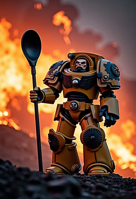cimematic. low angle shot. a black_legion space marine stands in a battlefield holding a large kitchen spoon, kitchen utensil or ladle in each hand while standing in a threatening combat stance, ready for battle. Fire, explosions and war rages around the warriors