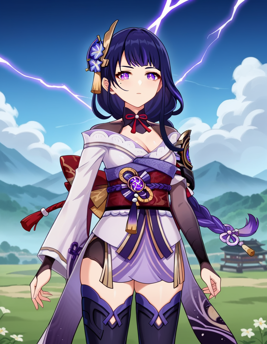 score_9, score_8_up, score_7_up, source_anime,
raidenshogun, <lora:raiden-shogun-ingame-ponyxl-lora-nochekaiser:1>,
raiden shogun, braid, braided ponytail, hair flower, hair ornament, long hair, mole, mole under eye, purple eyes, purple flower, purple hair, single braid, sidelocks,
black gloves, black thighhighs, bridal gauntlets, cleavage, gloves, gold trim, japanese clothes, kimono, neck ribbon, neck tassel, obiage, obijime, off shoulder, purple kimono, red ribbon, red sash, ribbon, sash, short kimono, tassel, tassel hair ornament, thighhighs, thighs, vision (genshin impact), zettai ryouiki
outdoors, mountain, lightning, thunder, clouds, dark clouds,
looking at viewer, cowboy shot, dutch angle,