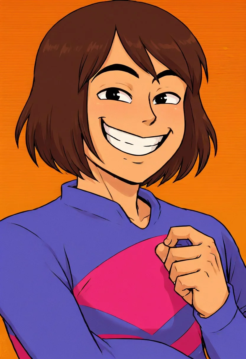 Frisky_Underhertail, 1boy, solo, brown hair, colored skin, striped shirt, blue pants, smile, upper body, looking at viewer