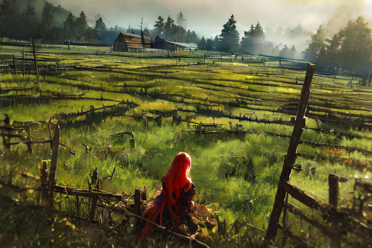 (otherworldly), highly insanely detailed, masterpiece, top quality, best quality, highres, 4k, 8k, RAW photo, (very aesthetic, beautiful and aesthetic), farm, fields, barn, fence, fantfa, <lora:FantasyFarm-10:1>, 
1girl, 
(dark red hair ,streaked hair,split-color hair,dual-toned hair,two-tone hair), 
(dark background),âââ