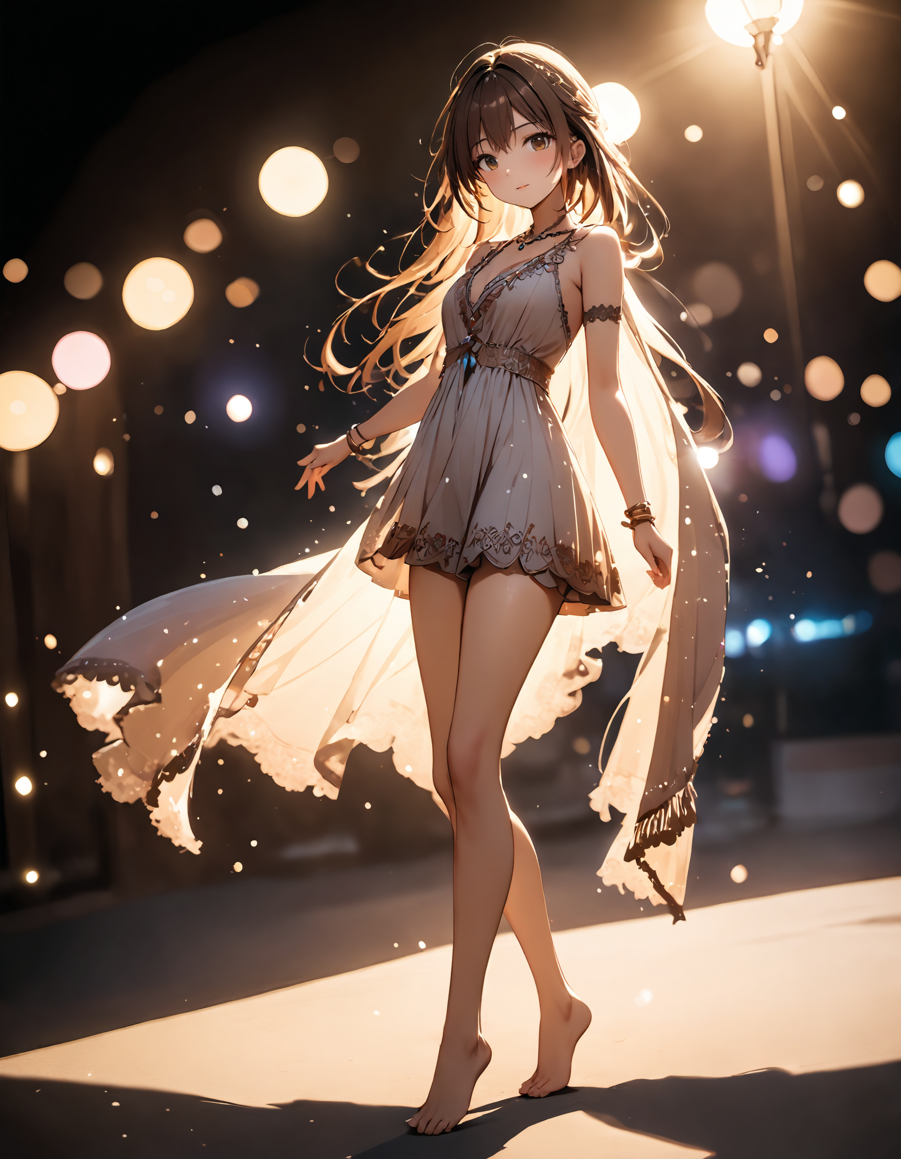 best quality, masterpiece, bohoai hinaigirl, playful theme, 
raw photo of a woman in long lace dress which often for ornate details and symbols, flowing long brown hair cascading over her shoulders, full body, bare feet, show legs,
middle distance shot taken by long range lens, high key light, hard shadow, soft bokeh, professional photography, balanced contract, balanced exposure, 
<lora:boho_hinaigirl_v1:1.3>