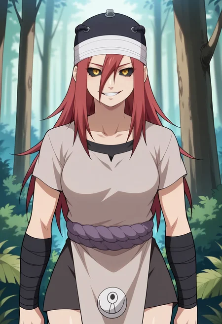 forest, solo, looking at viewer, upper body, evil grin, open mouth, smile,
htayuya, long hair, hair between eyes, red hair, bangs brown eyes, medium breasts, collarbone,
hat,tunic,grey tunic,rope,short sleeves, pelvic curtain,
black sport bra, black short, bandages, black armband, black footwear, toeless footwear,
black sclera, yellow eyes,
anime screencap, masterpiece, best quality, <lora:tayuya v1:0.9>,