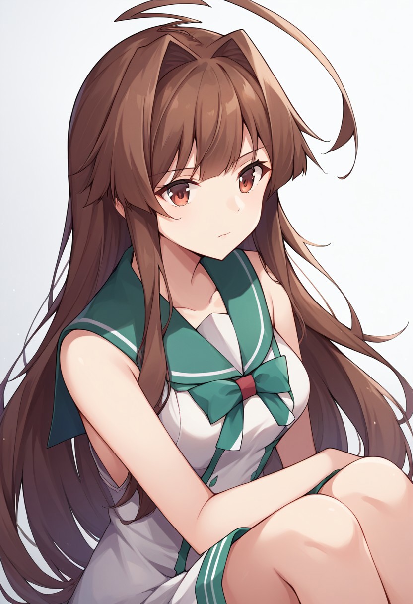 score_9, score_8, score_7, source_anime, kuma (kancolle), closed mouth, medium breasts, dress, green sailor collar, bow, sailor shirt, upper body, sitting, bare shoulders