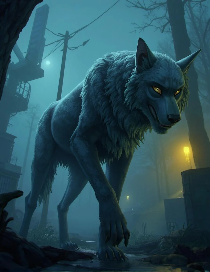 <lora:ck-LttleGhost-000011.safetensors:1> in the style of ck-lttlegh0stA digitally created werewolf stands amidst a fog-shrouded urban landscape, illuminated by soft blue and yellow lighting. Its fur is meticulously detailed with a reflective texture, while its eyes seem to bore into the viewer with an unsettling intensity. The eerie atmosphere, coupled with the lifelike rendering of the werewolf and its surroundings, leans heavily into fantasy and horror genres, evoking a haunting ambiance reminiscent of modern CGI techniques.