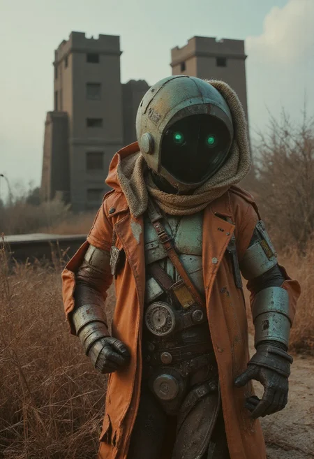 in the style of franck-bohbot, In the foreground stands the decayed yet strikingly intricate form of a wired cyborg, its metallic finish weathered with bleaked orange and green hues, the hull outworn and rusted with age. The robot’s translucent glass elements shimmer faintly in the soft twilight, with seams and intricate wiring exposed, while antennas sprout from its hea. Its face, detailed with camera lenses instead of pupils, conveys a haunting presence, while a high-collared, reinforced parka with a fur hood wraps its form in a look of utilitarian resilience.
Behind this relic of a bygone era, a massive abyss hovers in the vastness of outer space, its colossal form seemingly bowing down to the viewer. Two towering structures, forged from black metal, rise ominously into the high clouds. Their sleek, modern-medieval design incorporates both sharp geometric angles and massive windows that reflect the fading light.
The hyper-realistic scene captures a tranquil, mist-shrouded landscape at twilight, with rolling hills and deep valleys bathed in soft orange light. The terrain is covered with delicate shrubs and grasses, their leaves tinged in deep black-pink hues, creating a striking contrast against the cool, misty atmosphere. The cyborg, with its detailed, weathered design and glassy elements, set against the towering black metal structures, evokes a haunting yet mesmerizing fusion of forgotten technology and timeless natural beauty.