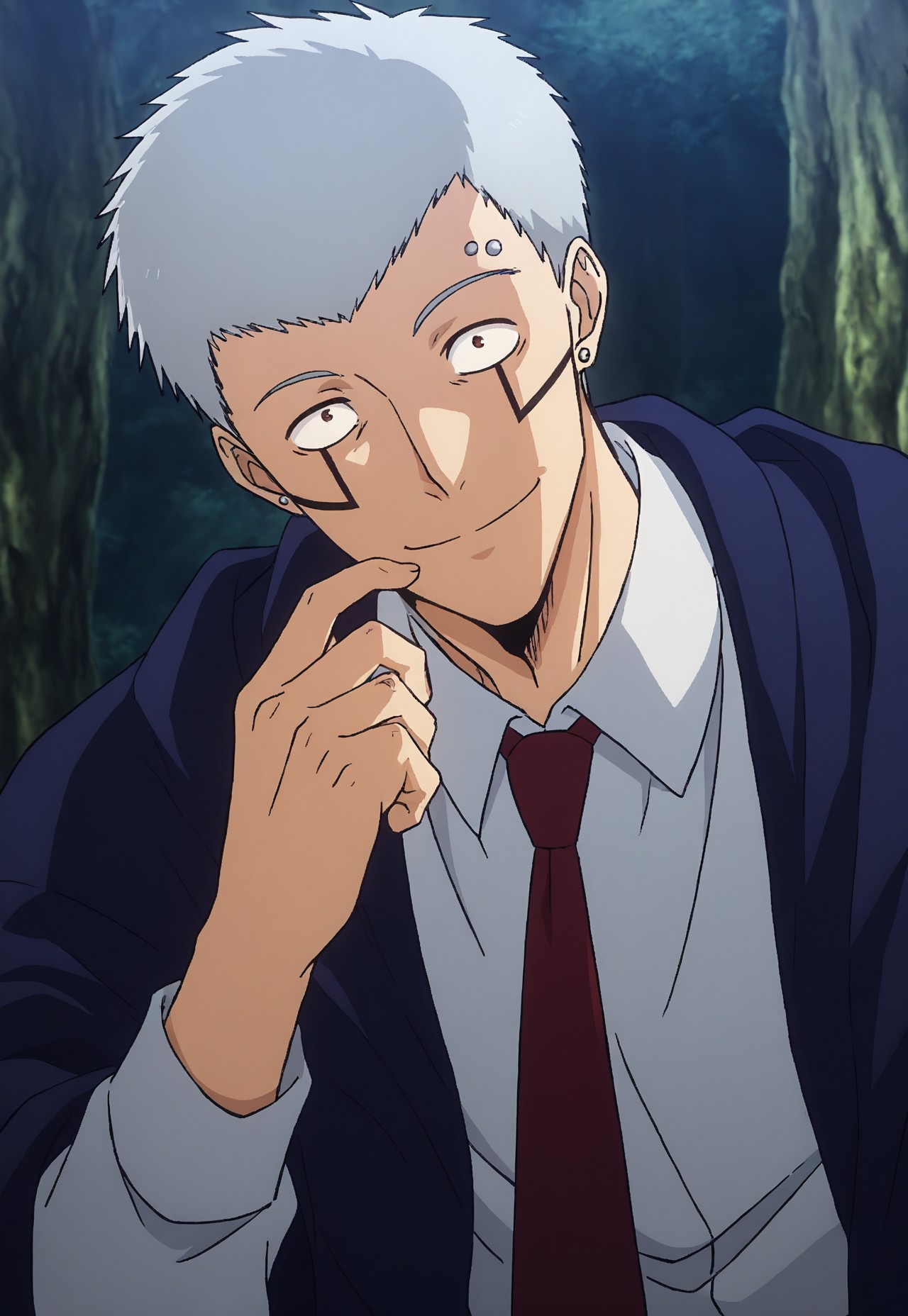 masterpiece, best quality, amazing quality, very aesthetic, absurdres, newest, detailed background, 1r0n, 1boy, solo, grey hair, brown eyes, multiple piercings, facial tattoo, blue robe, collared shirt, necktie, smile