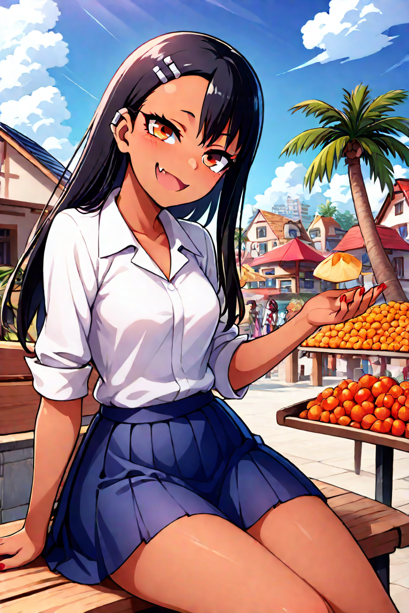 masterpiece, best quality, absurdres, medium breasts, (curvy), cute, eyelashes,      vivid colors,   BREAK,  ,,, , ,,,    nagatoro hayase, long hair, bangs, black hair, hair ornament, brown eyes, hairclip, fang, dark skin, dark-skinned female, tan, skirt, shirt, school uniform, white shirt, pleated skirt, nail polish, blue skirt, red nails, earclip, <lora:NagatoroHayaseIXL:0.7>, ,,,   , ,,,   sitting on bench, side view, smile, looking at viewer, cowboy shot,  ,,,   zzDelfinoPlaza, sky, day, cloud, blue sky, building, palm tree,  small house, small fruit stand,  pineapples,  coconuts, <lora:Delfino_Plaza_SDXL_v2:0.8>, <lora:CatalystIXL:0.8>,