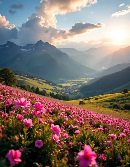 A stunning landscape scene showcasing vibrant pink flowers in full bloom, set against rolling green hills under a dynamic sky filled with clouds. The lighting casts a warm golden hue, enhancing the vivid colors of the blossoms and illuminating the valleys in the distance. The viewpoint is positioned slightly above the flower field, offering a sweeping vista that captures the vastness of the mountains fading into the horizon. The time is late afternoon, creating a serene and uplifting atmosphere. The style reflects a blend of realism and impressionism, emphasizing natural beauty with a soft focus on the flowers in the foreground and the craggy mountains beyond, evoking a sense of tranquility and wonder. <lora:aidmaFLUXPro1.1-FLUX-v0.3:1>