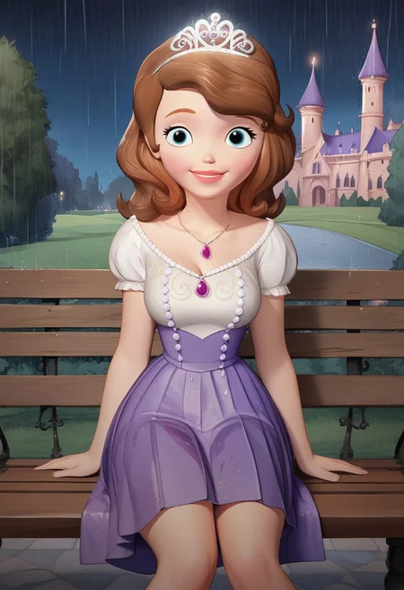 score_up_8, score_up_9, 1girl, white blouse,lace blouse, violet skirt, miniskirt, pleated skirt,sofia_the_first, tiara necklace, brown hair, medium breasts, background near castle,rain, night sky, at park, sitting on bench, looking at viewer, huge cleavage, wet dress, seducatuve smile, provocative pose,