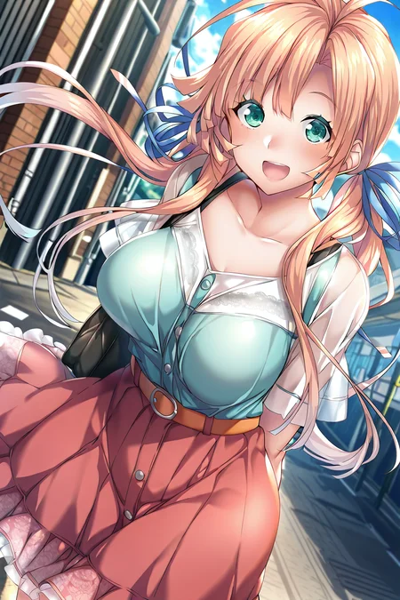shiny skin, posing, impossible clothes, 
<lora:amanatsu.il:1>,
amanatsu, 
kogane, 
casual fashion, 
outdoors, 
modern, 
belt, frill skirt, lace, see-through, short sleeves, handbag, strap crossing breasts, 
dynamic angle, dynamic pose, 
looking at viewer, happy,