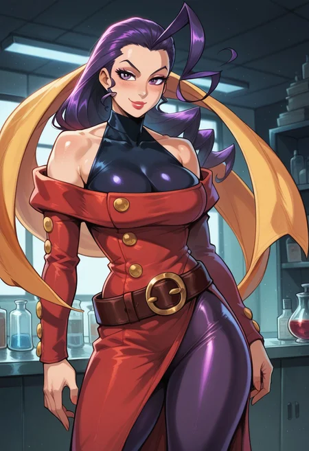 ((score_9_up, score_8_up, score_7_up)),hentai style,anime style)),(photo realistic),(((devilHS))),[neisan,reiq],[melkor mancin],score_9, score_8_up, score_7_up, score_6_up, SunsetRiders7 art style, 1 female, solo, standing, perfect face, Science Lab background,
BREAK 
<lora:PONYXL_StreetFighter_Rose_ownwaifu:1>, BREAK MainOutfit_Rose_ownwaifu, 1girl, hagoromo, hair slicked back, huge ahoge, long hair, purple eyes, purple hair, single hair intake, yellow scarf, bare shoulders, shoulder cutout, clothing cutout, halterneck, lips, turtleneck, makeup, off shoulder, scarf, belt, off-shoulder dress, red dress, detached sleeves, lipstick, jewelry, pantyhose, nose, leotard, antenna hair, cleavage, loose belt, long sleeves, side slit, buttons, purple pantyhose, covered collarbone, sidelocks, asymmetrical hair, brown belt, impossible clothes, long dress, flipped hair, forehead, narrow waist, skin tight, belt buckle, sleeveless turtleneck, thick thighs, bodysuit, purple bodysuit, red dress, side slit, black leggings,
<lora:add-detail-xl:0.15>,
cowboy shot,
smile, seductive, horny, rating-explicit, Expressiveh,
slender body, large ass, round ass, high detail, perfect face, very close-up, looking at the viewer,
magnificent, (ultra HD quality details), perfect eyes, perfect face, face focus, perky breasts, female, smiling, head tilted, (big breasts:0.7), bottom heavy, indoors, blush, BREAK score_9, score_8_up, score_7_up, score_6_up, source_cartoon, rating_explicit