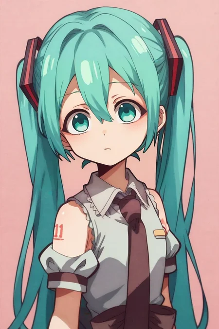 zPDXL, score_9, score_8_up, score_7_up, rating_safe, 1girl, hatsune miku, aqua eyes, aqua hair, twintails, hair between eyes, long hair, solo, cowboy shot, <lora:hanako-kun_style_pony:1.04>, hanako-kun_style, , <lora:sdxl_lightning_8step_lora:1>