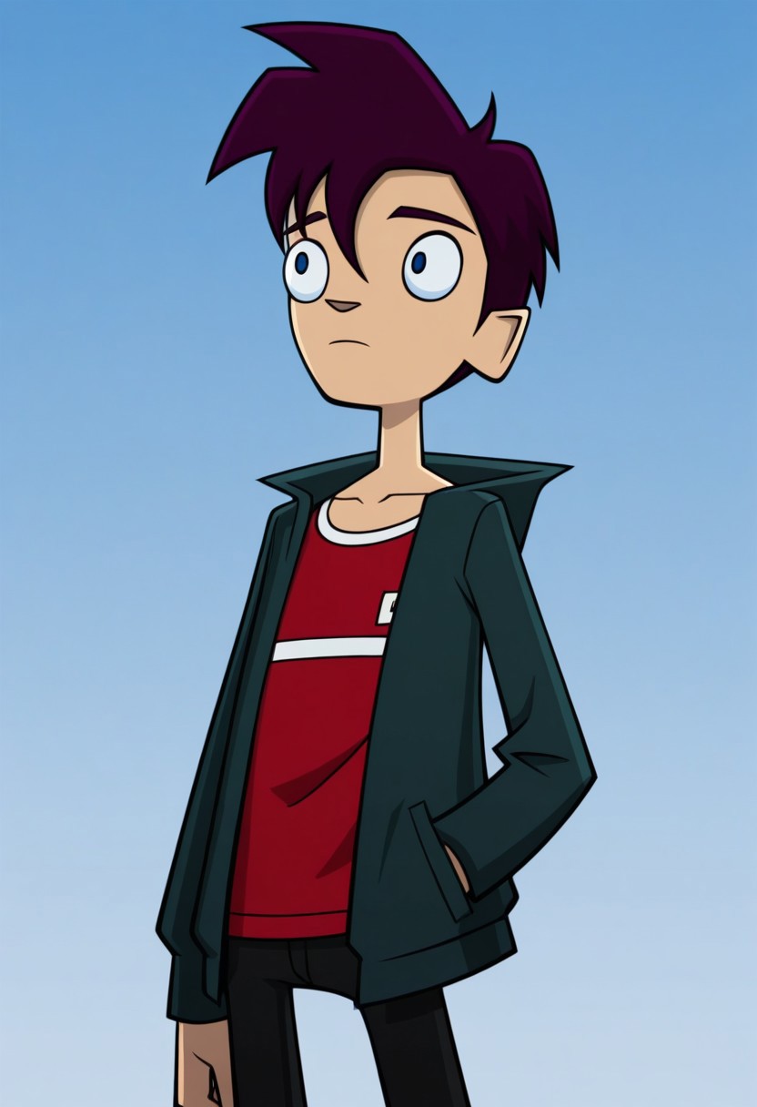 masterpiece,best quality,amazing quality, 
RandyCunningham, 1boy, male focus, solo, blue eyes, purple hair, shirt, red shirt, jacket, green jacket, open jacket, sky,