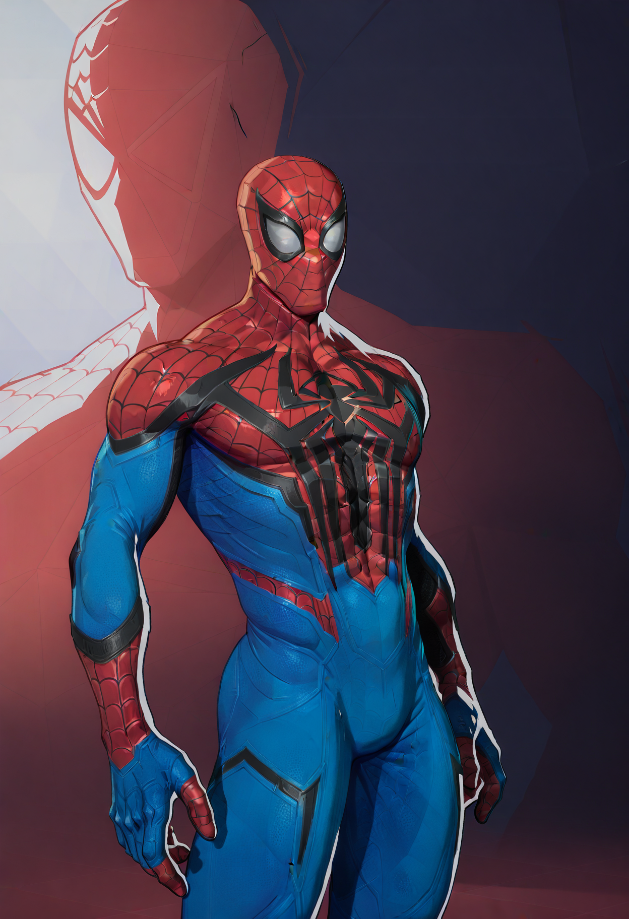 <lora:MarvelRivals:1> r1vals,
1boy, spider-man, male focus, solo, bodysuit, red bodysuit, blue bodysuit, superhero, spider web print, mask, two-tone bodysuit, animal print, muscular, standing, silk, muscular male, spider web