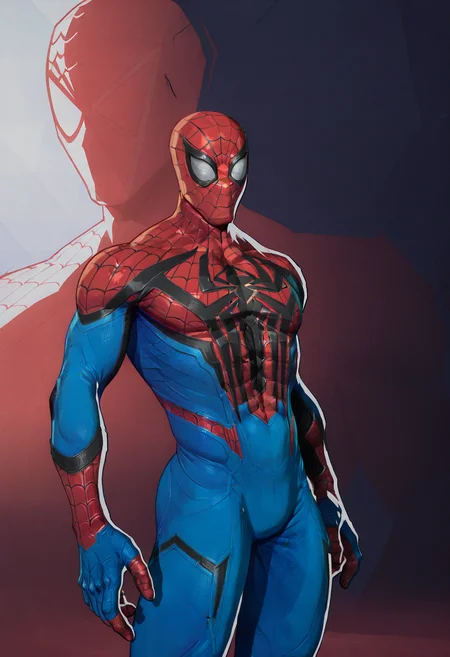 <lora:MarvelRivals:1> r1vals,
1boy, spider-man, male focus, solo, bodysuit, red bodysuit, blue bodysuit, superhero, spider web print, mask, two-tone bodysuit, animal print, muscular, standing, silk, muscular male, spider web