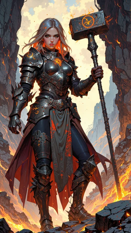 In the heart of a volcanic wasteland, where rivers of molten lava carve their way through the cracked earth and the air is thick with the scent of sulfur and ash, a figure emerges from the haze. She is a Magma Child, her humanoid form infused with the essence of molten rock, her skin glowing with a faint, reddish-orange hue, as if the fires of the earth itself burn within her. Her hair, a wild cascade of flowing lava, falls freely down her back, each strand shimmering with an inner heat, flickering like the flames of a forge. Her eyes, a smoldering amber, glow with an intensity that matches the volcanic fires, reflecting the unyielding power of the earthâs core. Her face is fierce and commanding, with sharp cheekbones, a strong jawline, and full lips painted a deep, fiery red. Her nose, slightly aquiline, flares as she inhales the scorching air, and her ears, slightly pointed, twitch at the faintest sounds of the rumbling earth.
She is a **Rune Knight**, a warrior who channels the primordial magic of the earth through ancient symbols of power, and her presence is both awe-inspiring and terrifying. Her outfit, a blend of heavy, volcanic armor and flowing fabric, is both practical and majestic, designed to protect her in battle while still allowing for the freedom of movement needed to wield her runic powers. Her chest plate, forged from blackened volcanic rock, is adorned with glowing runes etched into its surface, each one pulsing with the energy of the earth. Her shoulders are protected by pauldrons shaped like molten boulders, their edges crackling with heat. Around her neck hangs a pendant in the shape of a fiery rune, its surface glowing faintly with the power of the earth.
Her arms are encased in gauntlets of the same volcanic rock, their surfaces etched with runes that pulse with a soft, orange light. Her hands, strong and calloused from years of wielding a weapon, grip a massive warhammer, its head forged in the shape of a molten boulder, the metal glowing with heat. Her lower body is clad in a skirt of layered metal plates, each one dyed in shades of black and orange, allowing for maximum movement while still providing protection. Beneath the skirt, she wears tight-fitting leggings of a dark, shimmering hue, blending seamlessly with the volcanic landscape. Her boots, made of reinforced volcanic rock, are laced up to her knees, the soles thick and sturdy, grounding her against the scorching heat.
The scene around her is one of raw power and destruction. The volcanic wasteland stretches endlessly in every direction, the ground cracked and broken, with rivers of molten lava carving their way through the earth. The air is thick with the scent of sulfur and ash, and the faint sound of rumbling earth echoes across the landscape. The Magma Child stands at the center of it all, her warhammer raised high, her body glowing with the energy of the earth, a beacon of power amidst the desolation.
The overall color palette is a blend of deep blacks, oranges, and reds, evoking the essence of fire and earth. The light, emanating from the molten lava, casts a harsh, orange glow over the scene, highlighting the Magma Childâs features and the raw power of the volcanic wasteland. The atmosphere is one of both awe and terror, a place where the line between the mortal and the elemental blurs, and where the Rune Knight stands as a conduit for the primordial magic of the earth.
This is not just a portrait; it is a glimpse into the heart of a volcanic wasteland, a testament to the power and grace of the Rune Knight and her connection to the earthâs core. It is a scene of epic proportions, where the line between the mortal and the elemental blurs, and where the molten beauty of the Magma Child comes alive in the form of a powerful, awe-inspiring warrior.
soft pastel anime, Magic style, mythp0rt, DB4RZ