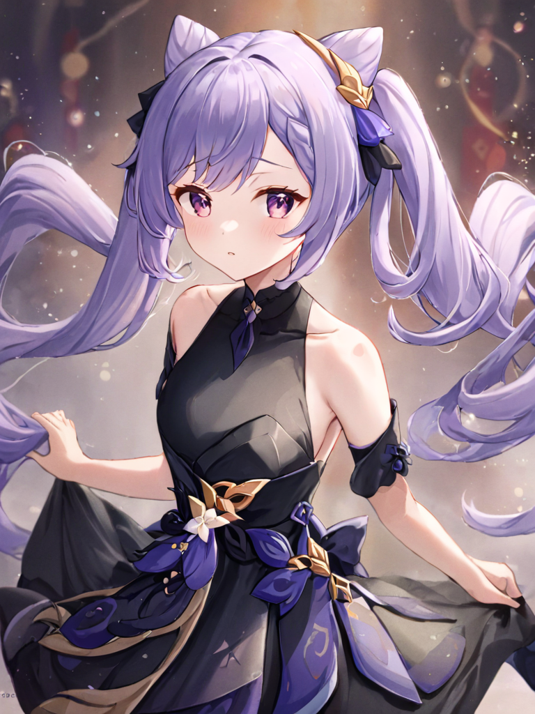<lora:keqing3:1>,keqing (genshin impact),purple hair,twintails,hair ornament,bare shoulders,cone hair bun,hair bun,lifu,black dress,
