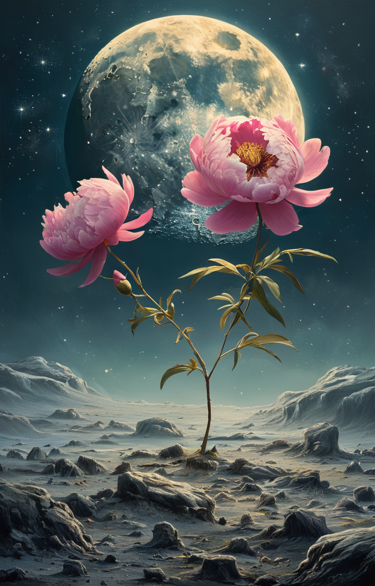masterpiece,best quality,<lora:tbh67-sdxl:0.6>,illustration,MOON, decaying peonies
