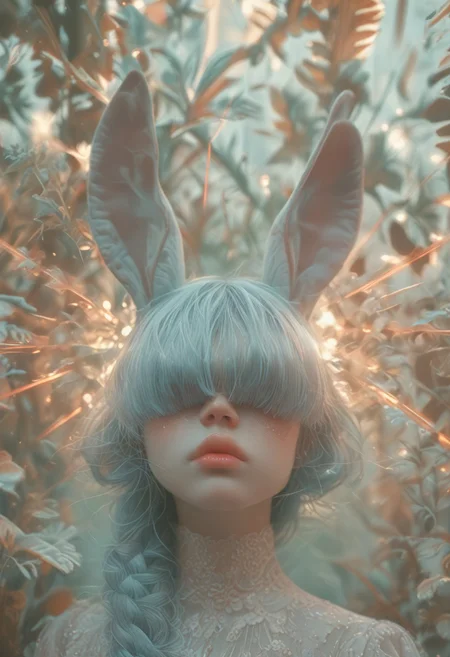 (Score_9:1.1), score_8_up, score_7_up,
(limited lighting, high contrast, laser beams, highres, closed_mouth:1.4, absurdres)
Fl0ralD0lls
solo, bunny ears, human woman, curious, (ferns:1.3), realistic, focus on face, hime cut, pacific blue hair, (hair over eyes:1.4),((hair in very long single braid)), big lips, full lips, glossy lips, matte skin, matte colours
