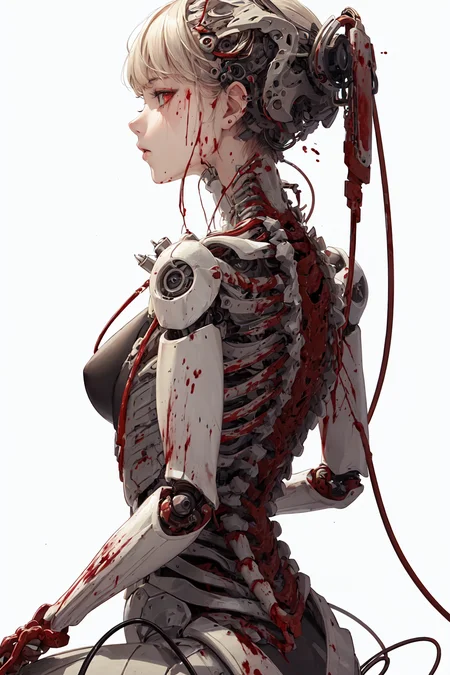 (masterpiece, top quality, best quality, official art, beautiful and aesthetic:1.2), (1girl:1.3), extreme detailed,colorful,highest detailed ((ultra-detailed)), (highly detailed CG illustration), ((an extremely delicate and beautiful)),(from side),cinematic light,((1mechanical girl)),solo,full body,(machine made joints:1.2),((machanical limbs)),(blood vessels connected to tubes),(mechanical vertebra attaching to back),((mechanical cervial attaching to neck)),(sitting),expressionless,(wires and cables attaching to neck:1.2),(wires and cables on head:1.2)(character focus),science fiction,white background,(blood:1.5)