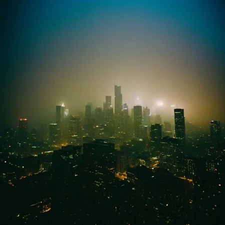 film photography style a moody picture of a city skyline at night engulfed in dense fog at night, low camera angle <lora:FILM_PHOTOGRAPHY_STYLE-000017:1>